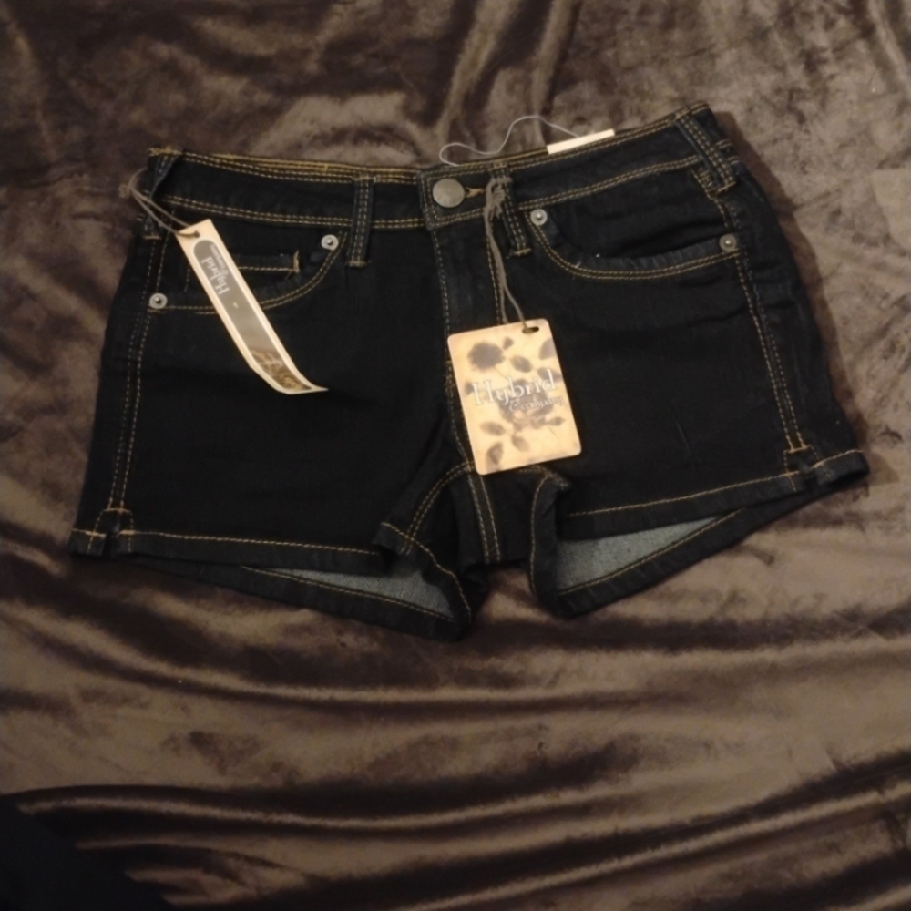 Hybrid & Company Blue and Black Jean Shorts Cut-Off Style